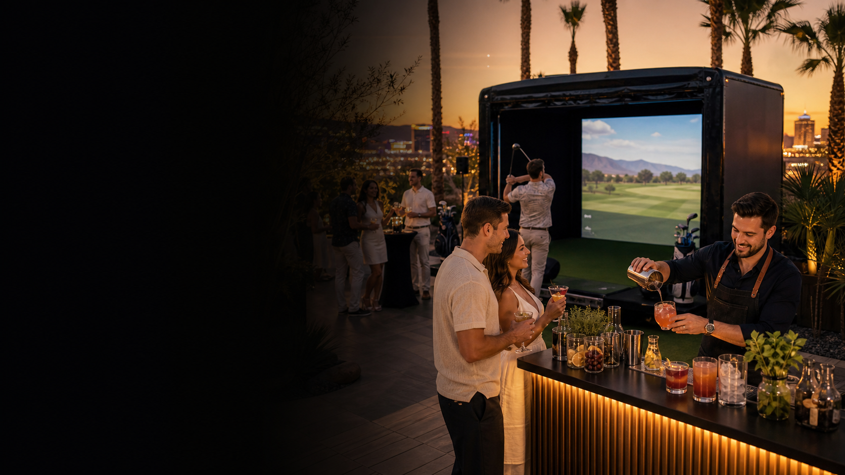 Guests enjoying a mobile golf simulator and craft cocktail bar at an evening event